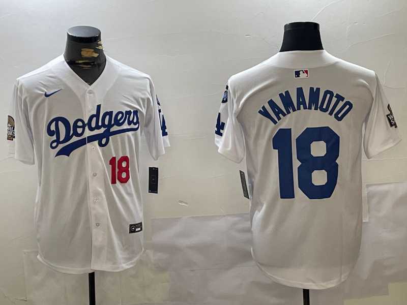 Mens Los Angeles Dodgers #18 Yoshinobu Yamamoto White 2024 World Series With Fernando Memorial Patch Home Limited Stitched Jerseys